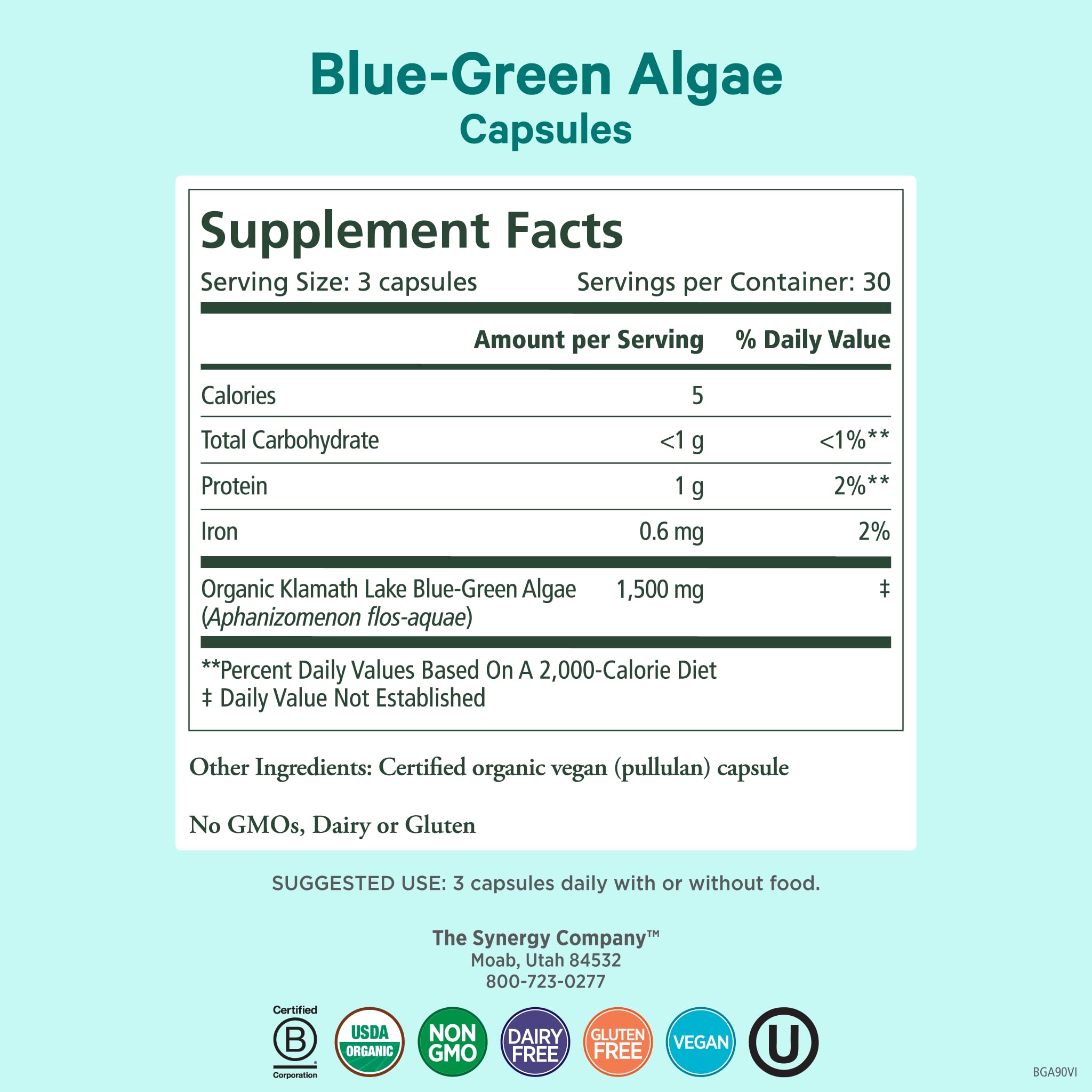 Pure Synergy AFA superfood supplement bottle displaying 90 vegan capsules details.