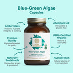 Side view of Pure Synergy blue green algae packaging highlighting certified organic and non GMO labels.