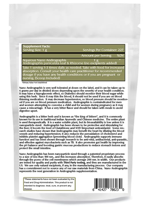 Authentic USA imported Nano Andrographis powder supplement label showcasing vegan and non GMO certifications