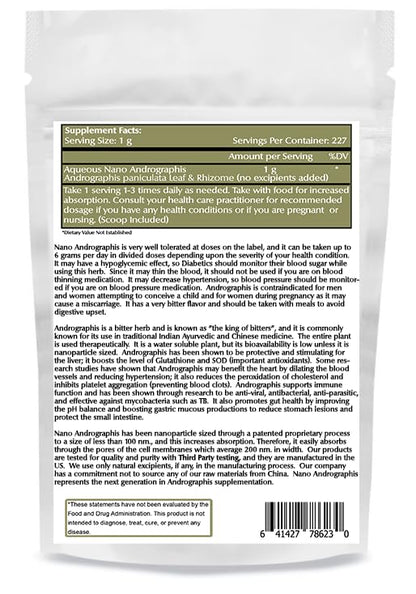 Authentic USA imported Nano Andrographis powder supplement label showcasing vegan and non GMO certifications