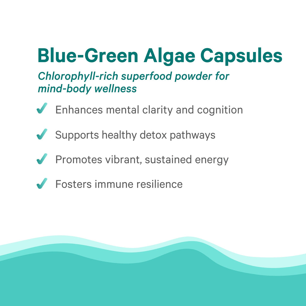 Nutritional facts label on the back of The Synergy Company blue green algae capsules bottle.