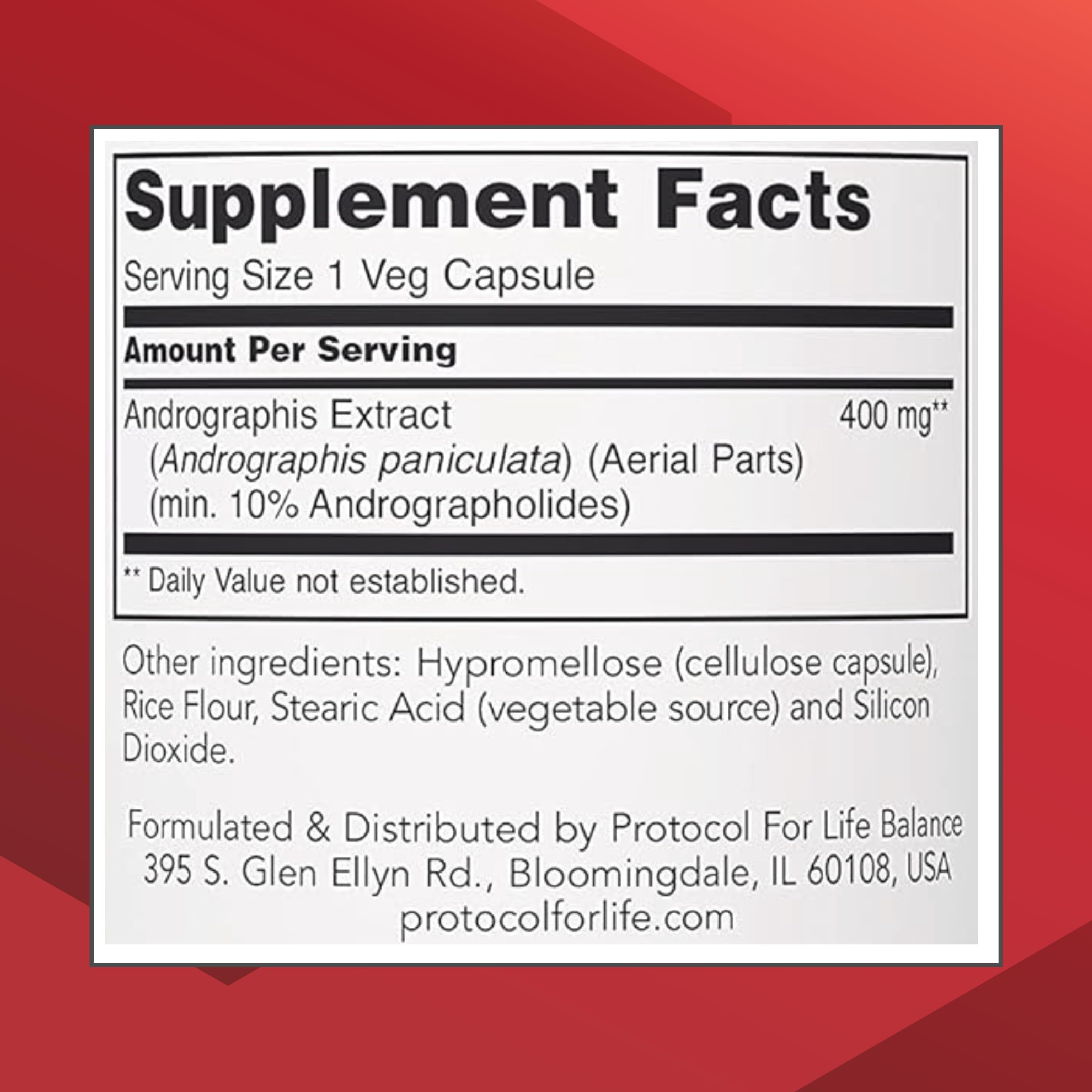 Protocol For Life Balance 400 Milligrams 90 vegetarian capsules supplement facts label.