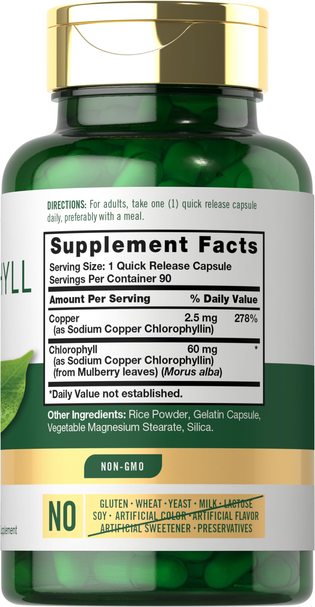 Carlyle Chlorophyll 60mg quick release capsules supplement facts and ingredient label
