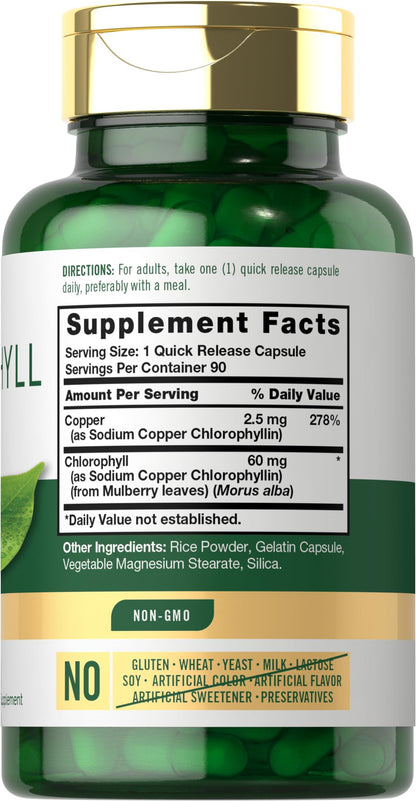 Carlyle Chlorophyll 60mg quick release capsules supplement facts and ingredient label