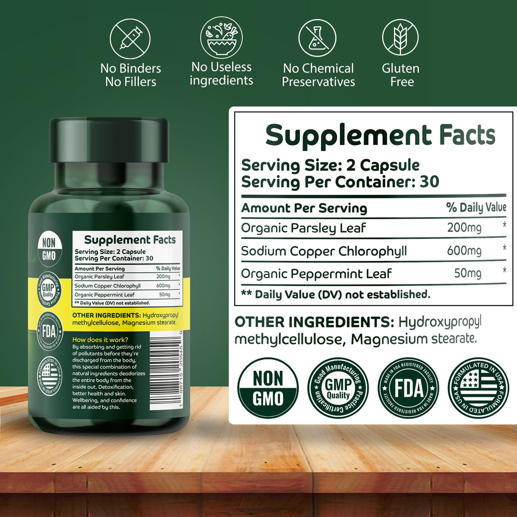 Orrys Vital Chlorophyll 600 Milligrams supplement facts label