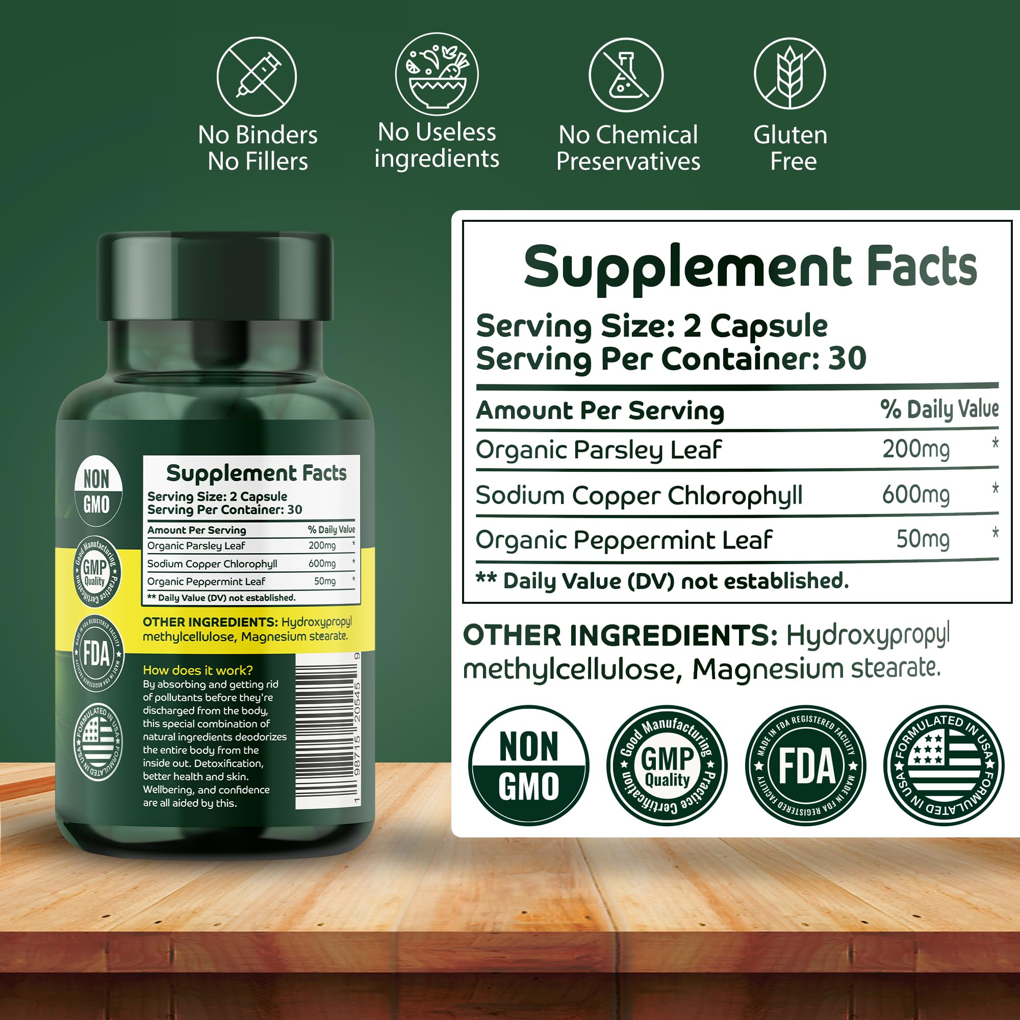 Orrys Vital Chlorophyll 600 Milligrams supplement facts label