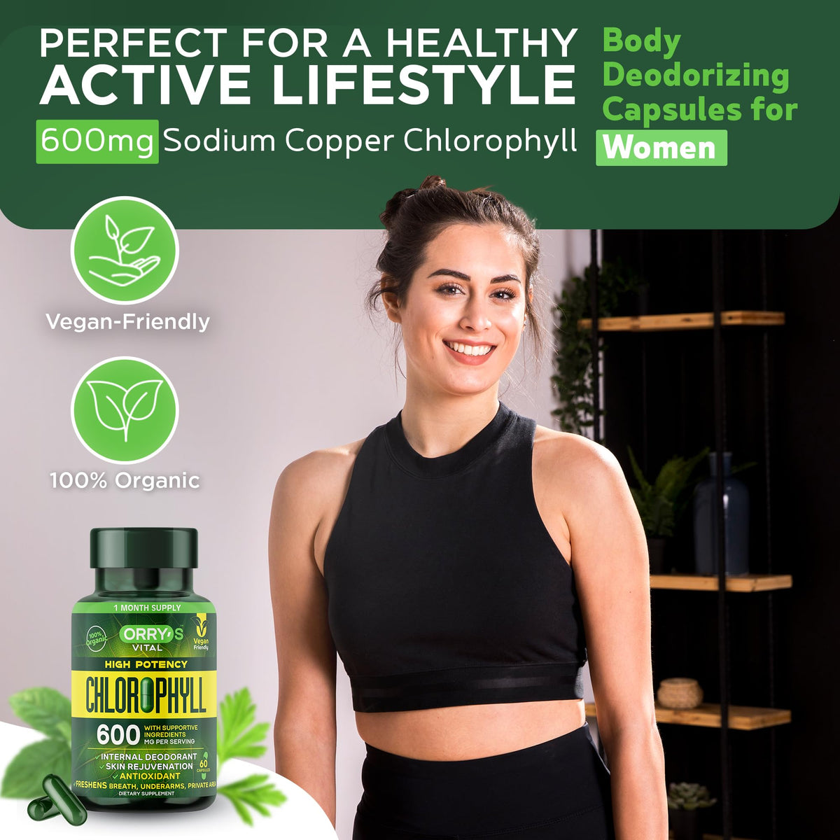 Premium chlorophyll internal deodorant pills side view instructions