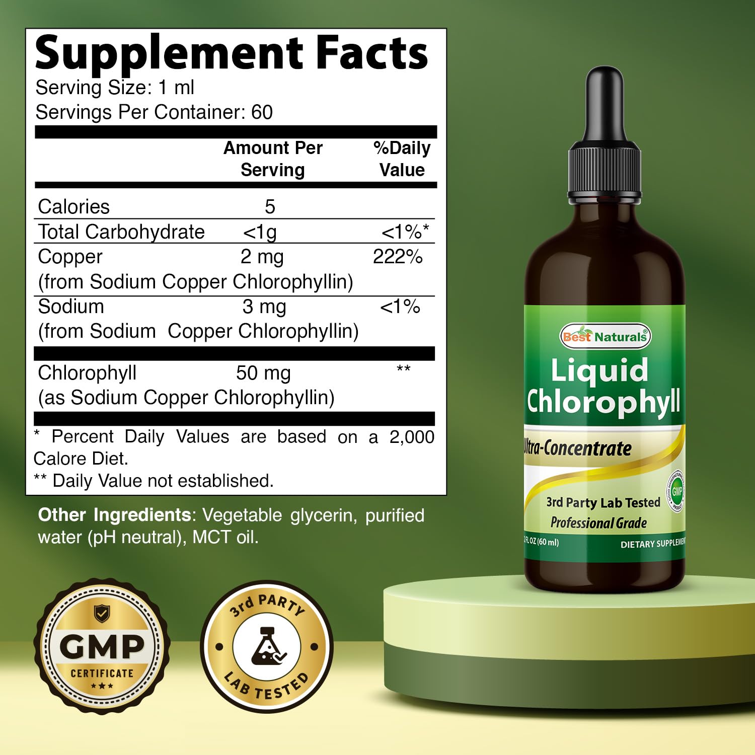 Best Naturals Liquid Chlorophyll supplement dropper close up with water mixing demonstration