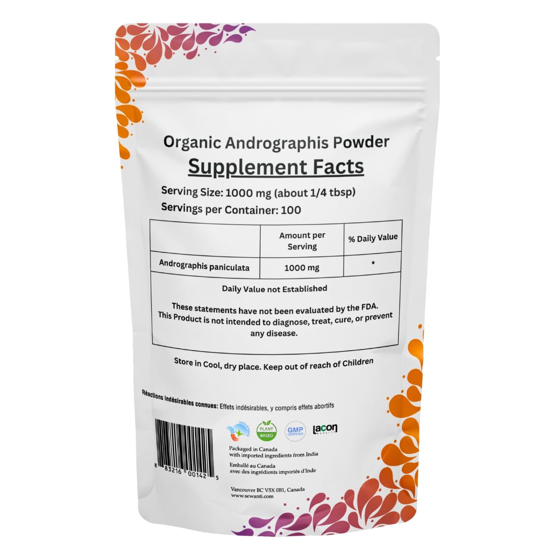 Sewanti Kalmegh Paniculata powder nutrition facts and organic certification labels on back of container