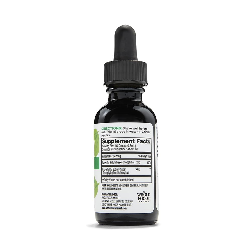 365 by Whole Foods Market liquid chlorophyll drops packaging showcasing premium USA imported dietary supplement.
