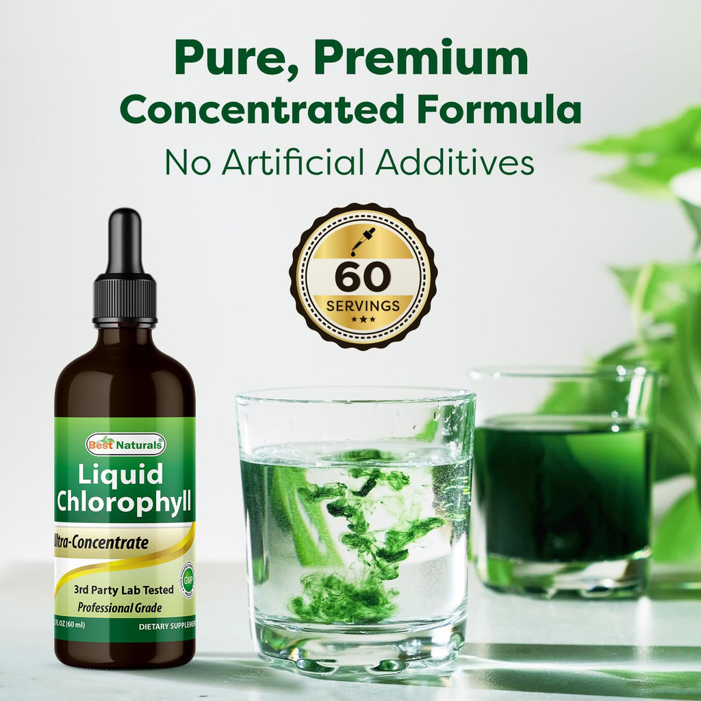 Best Naturals natural antioxidant chlorophyll drops displayed next to a fresh glass of water