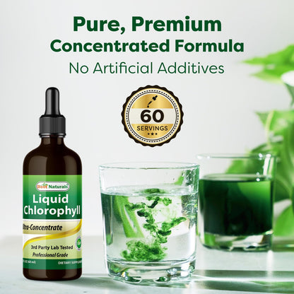 Best Naturals natural antioxidant chlorophyll drops displayed next to a fresh glass of water