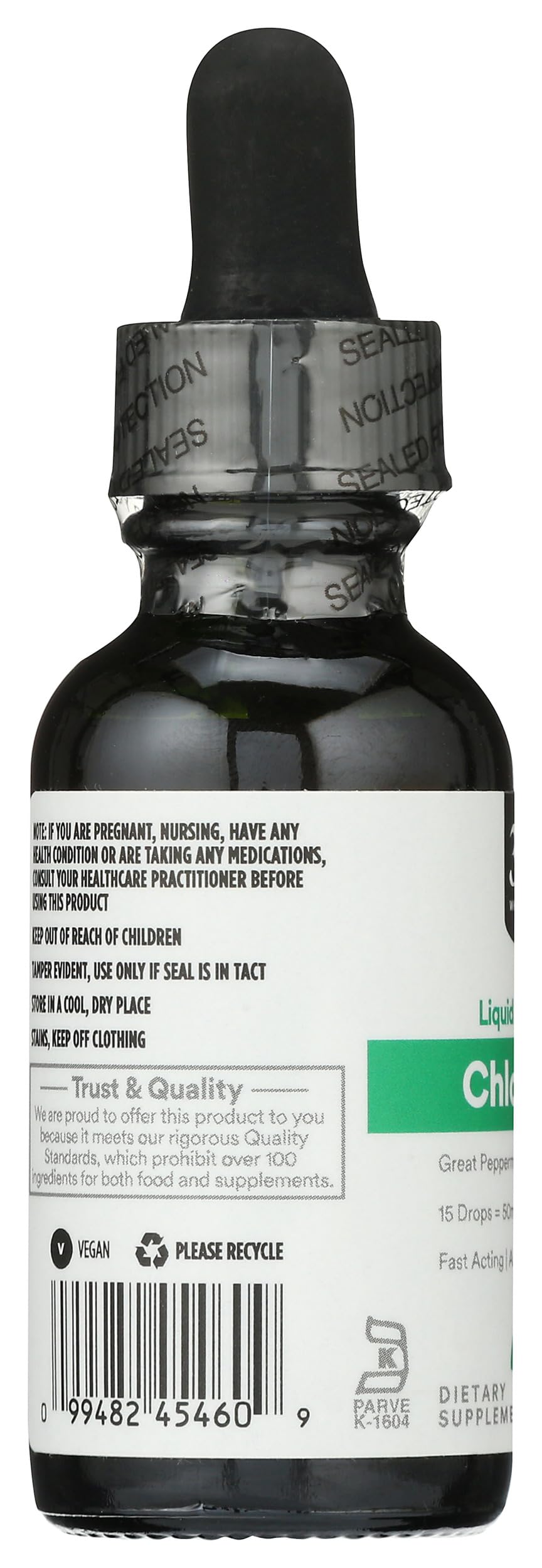 Back label text of 365 liquid chlorophyll concentrate showing supplement facts and usage instructions.