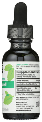 Whole Foods Market chlorophyll peppermint dietary drops displayed on a clean background.