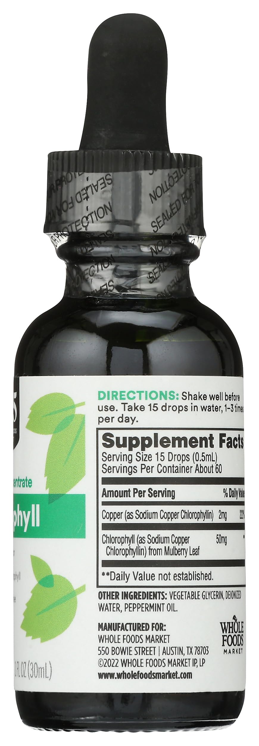 Whole Foods Market chlorophyll peppermint dietary drops displayed on a clean background.