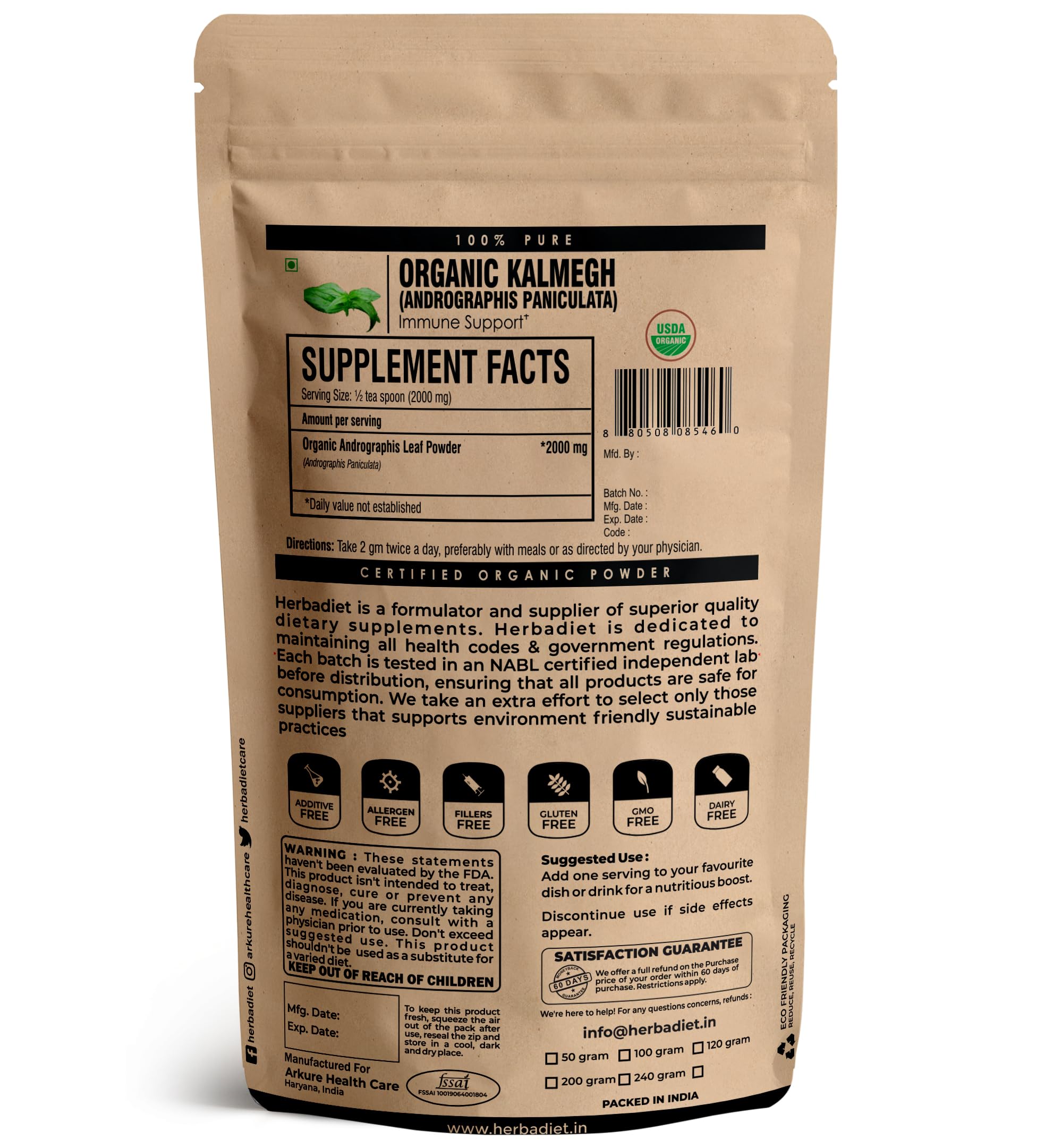 Herbadiet Kalmegh powder resealable zipper bag with premium herbal contents
