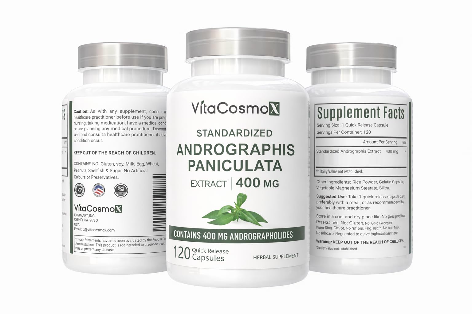 VitaCosmoX Andrographis Paniculata 120 capsules supplemental facts and ingredient label