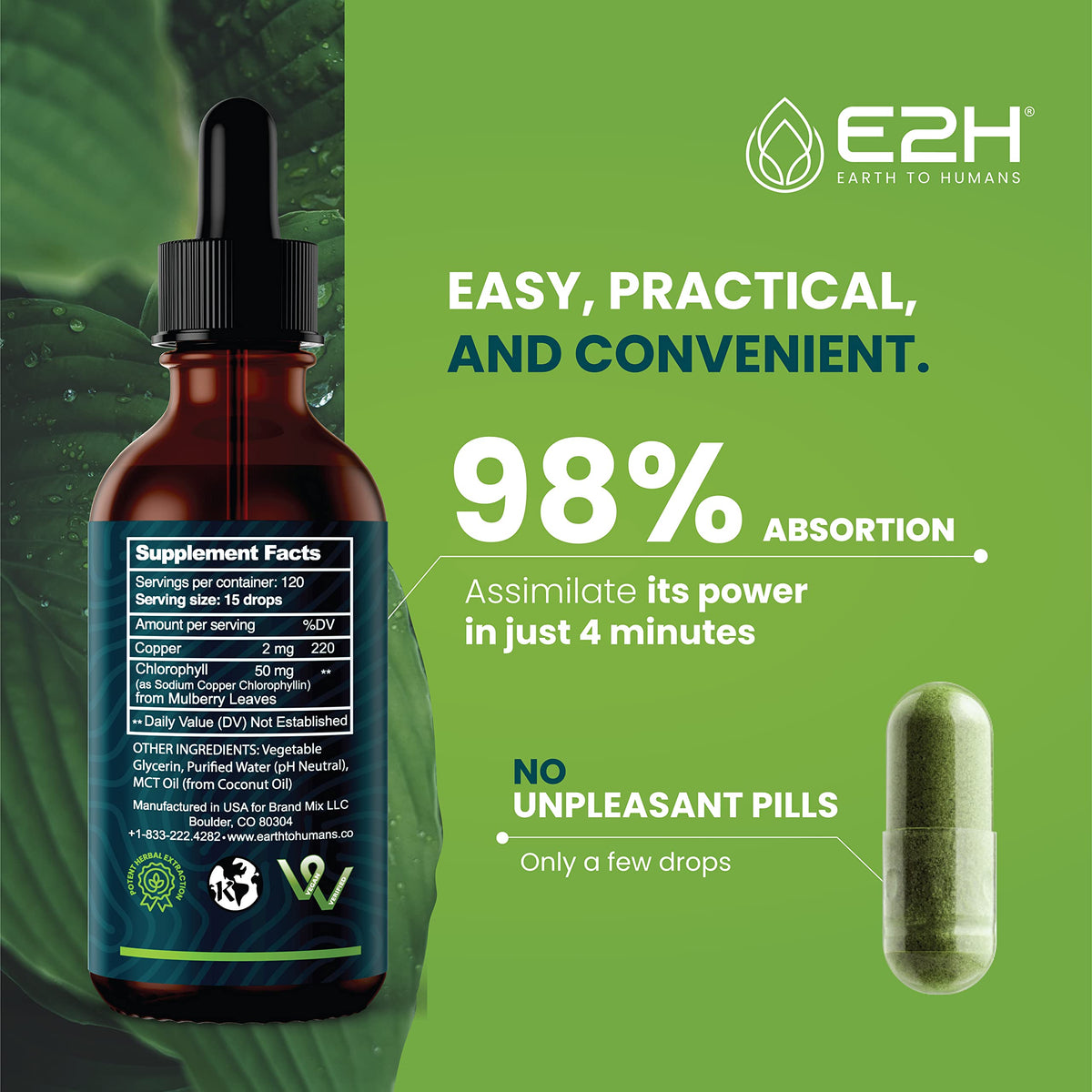 Authentic USA imported liquid chlorophyll energy drops by E2H showing label directions