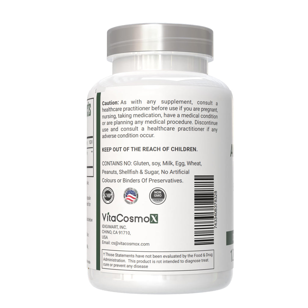 Authentic VitaCosmoX herbal supplement packaging showing non GMO and gluten free seals