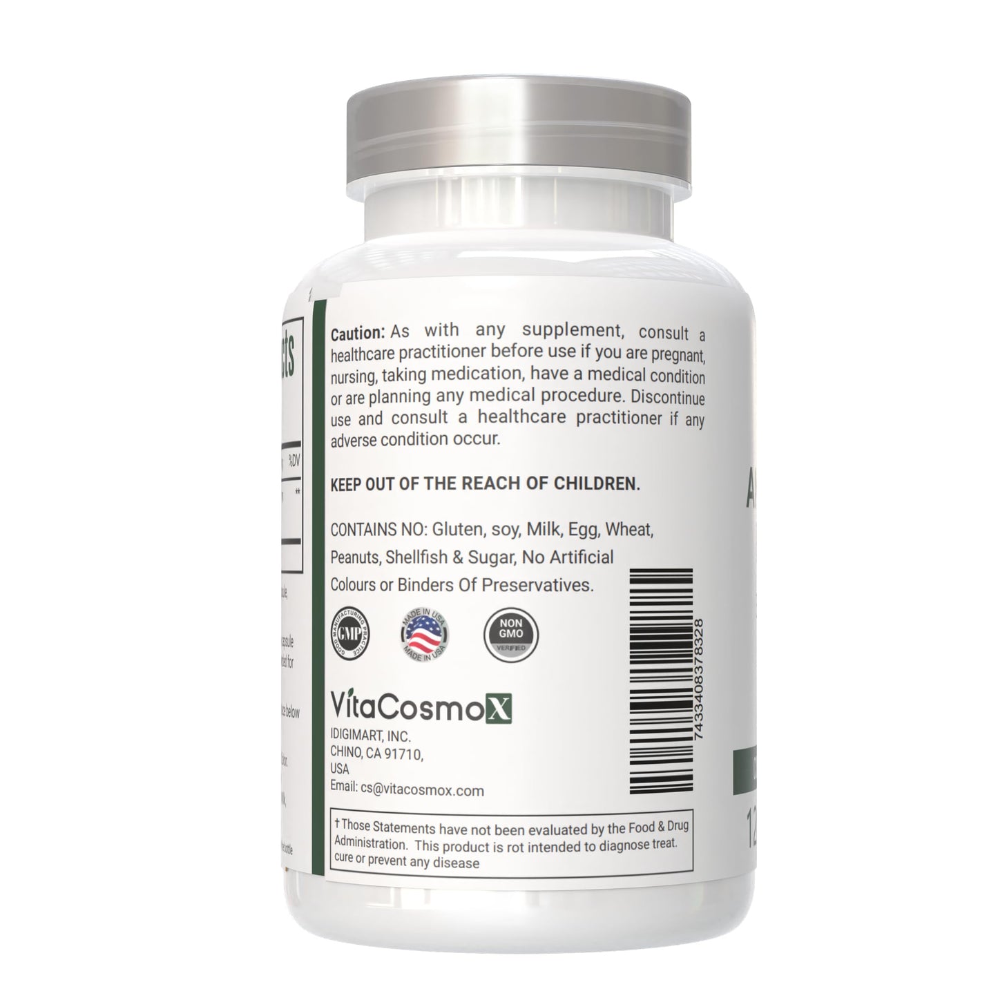 Authentic VitaCosmoX herbal supplement packaging showing non GMO and gluten free seals