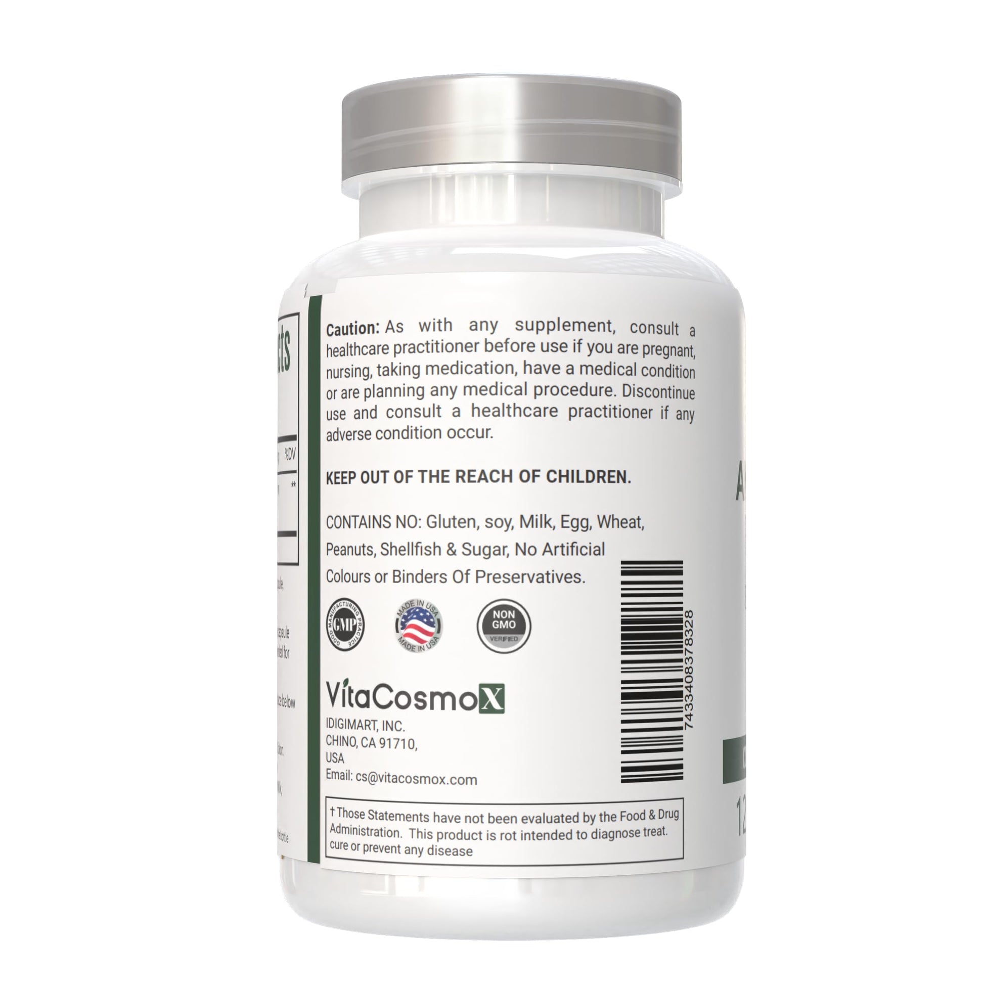 Authentic VitaCosmoX herbal supplement packaging showing non GMO and gluten free seals