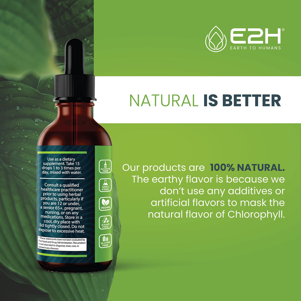 E2H Earth to Humans 59 mL liquid chlorophyll bottle with dropper for easy antioxidant mixing