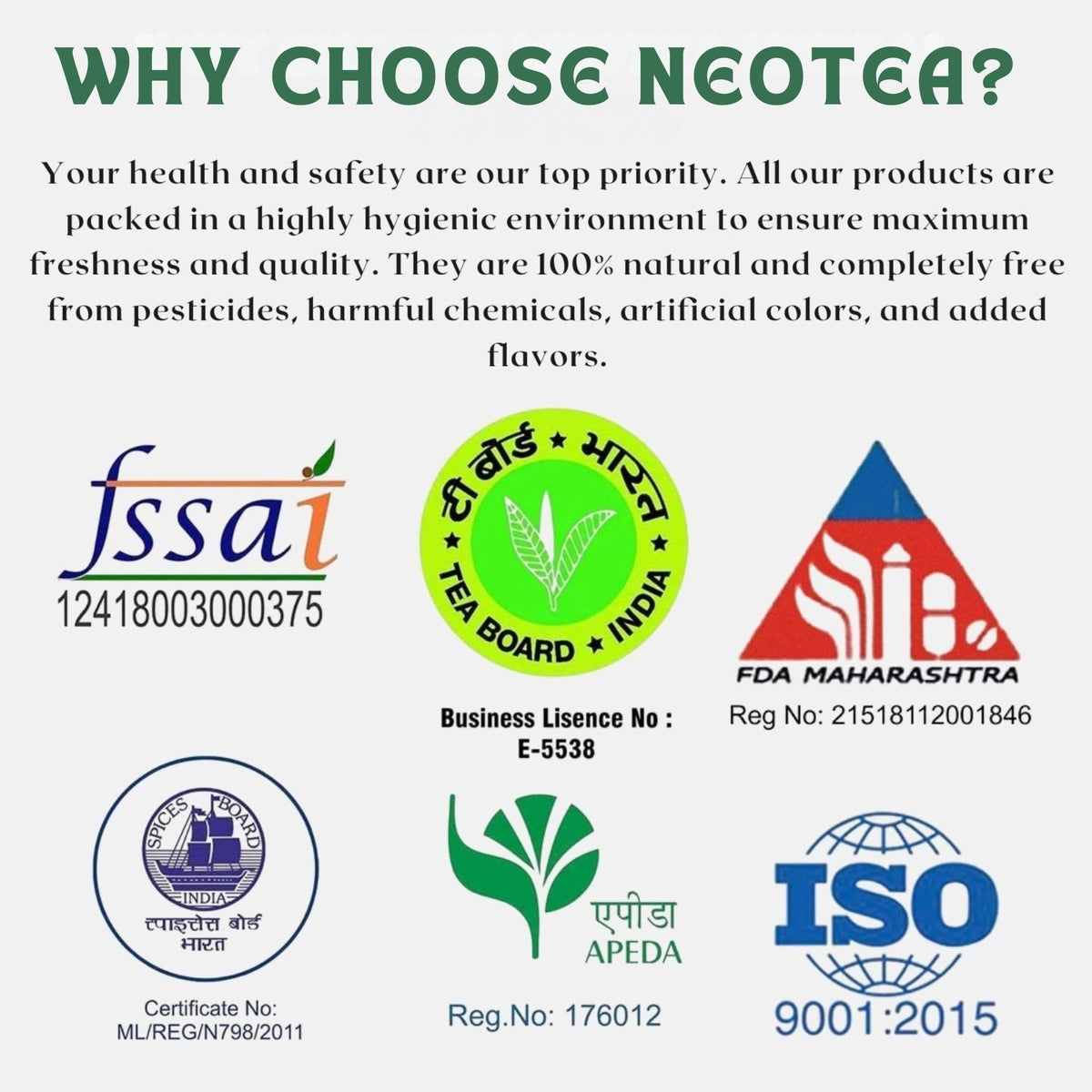 Neotea herbal supplement package showing ingredient purity and chemical-free verification.