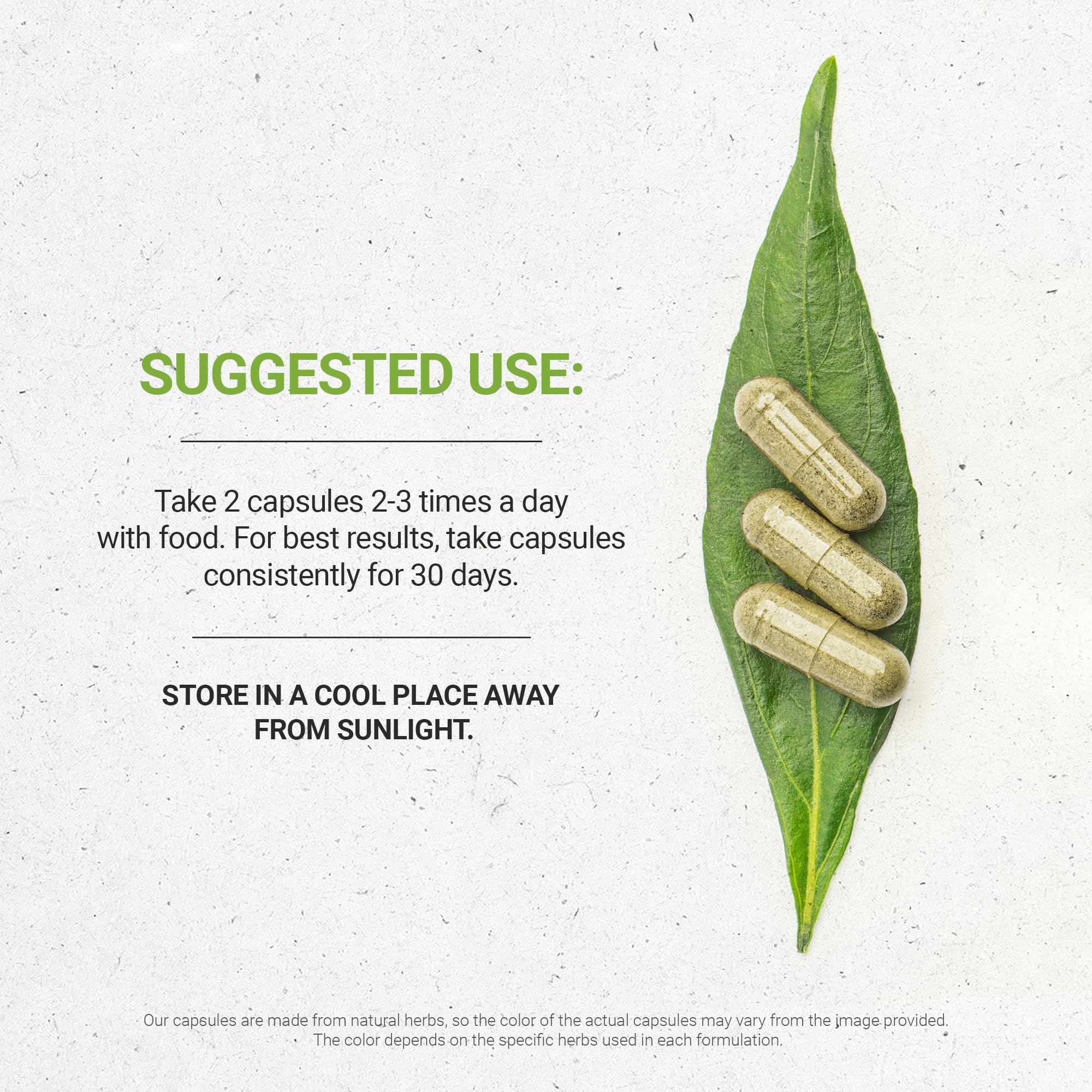 Side angle of the Secrets of the Tribe 800mg herbal capsules packaging showing directions