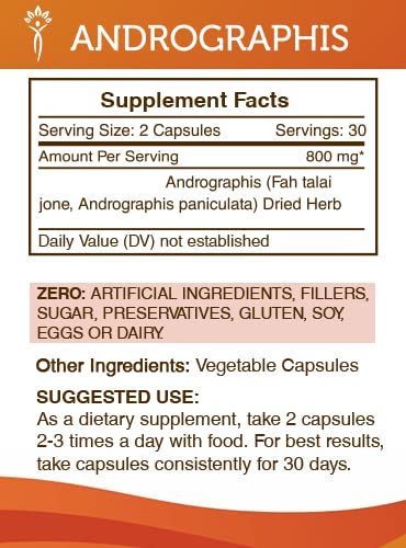 Back label of Andrographis paniculata 60 vegetable capsules showing supplement ingredients