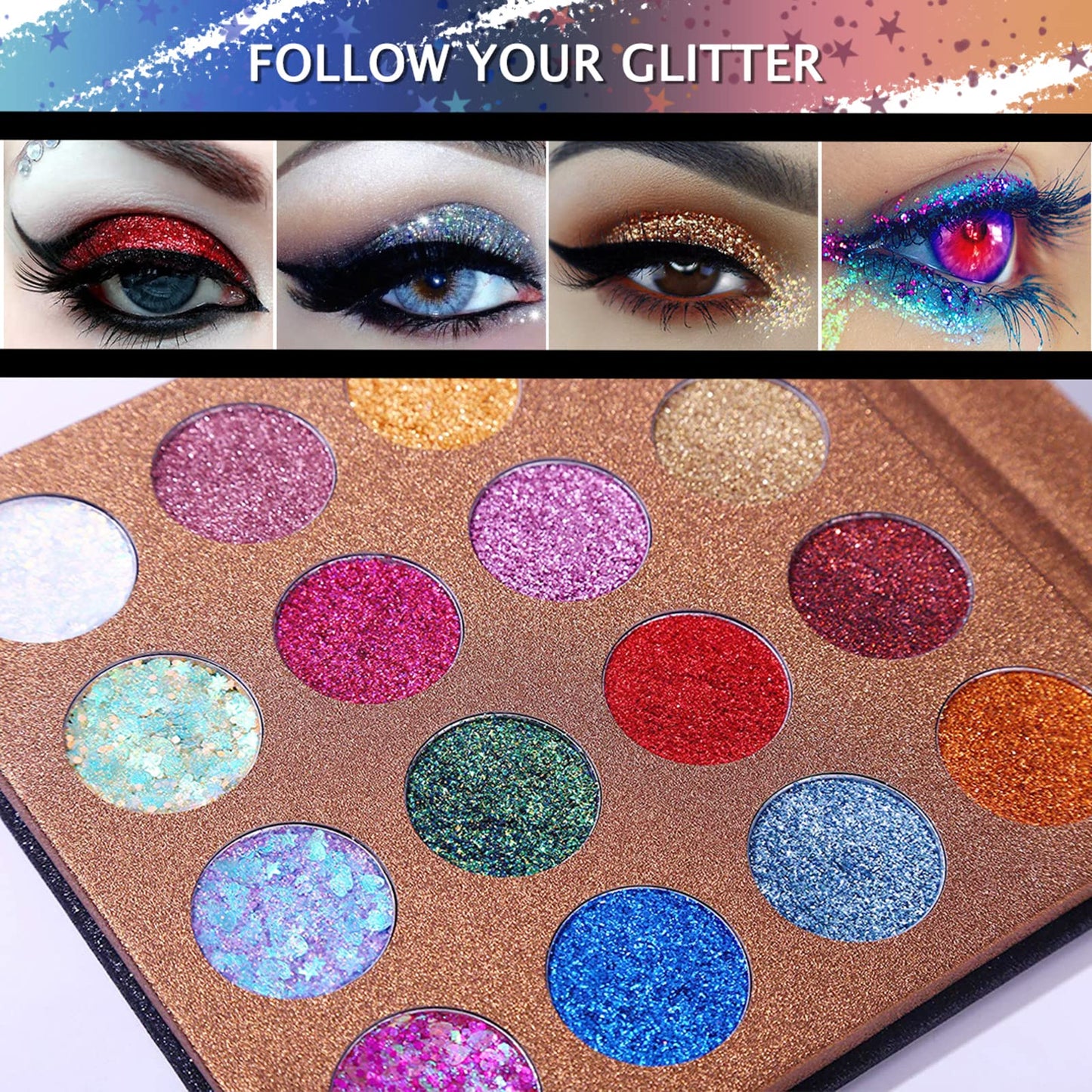 Ucanbe glitter palette open showing 16 shades