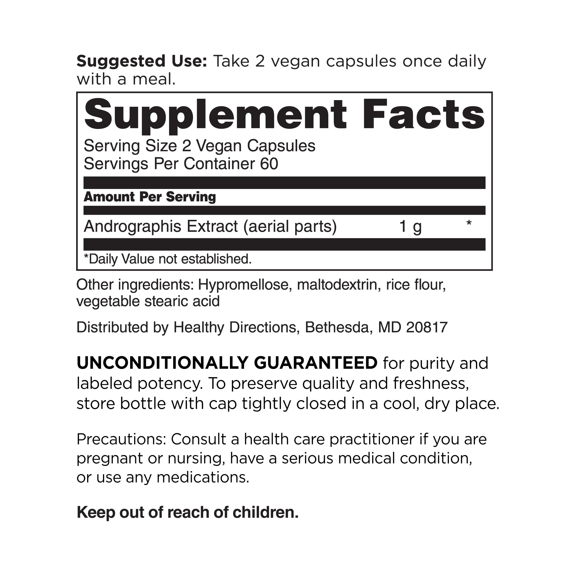 Doctors Preferred Andrographis 120 vegan capsules supplement facts label detailing serving size