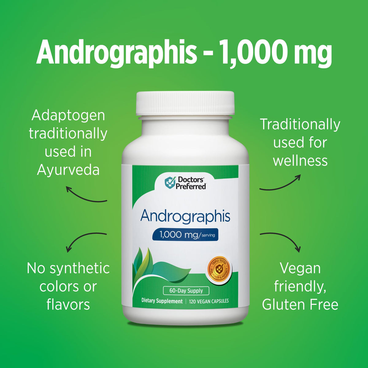 Authentic imported Doctors Preferred Kalmegh supplement bottle highlighting triple tested purity
