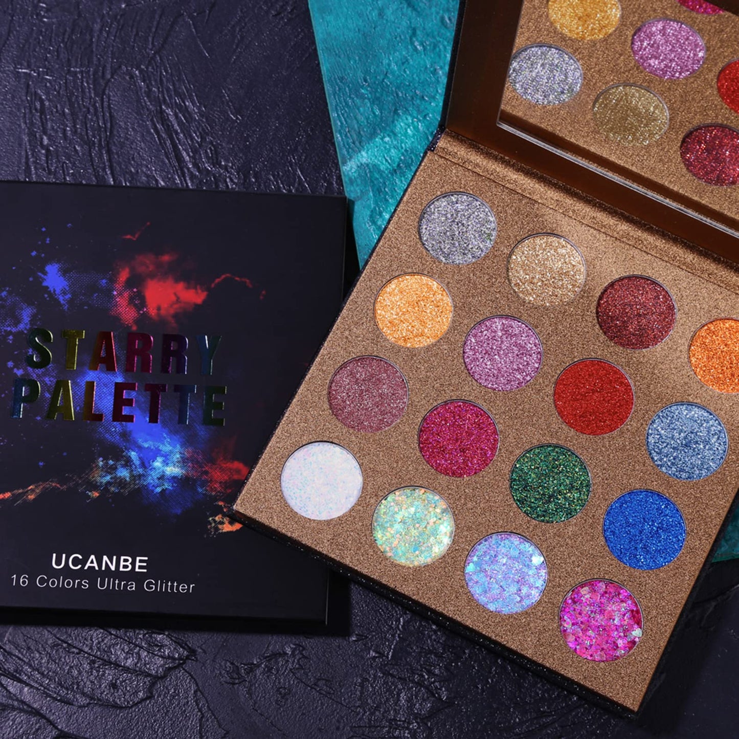 Swatches of Ucanbe Pro 16 Colors Glitter Palette on skin