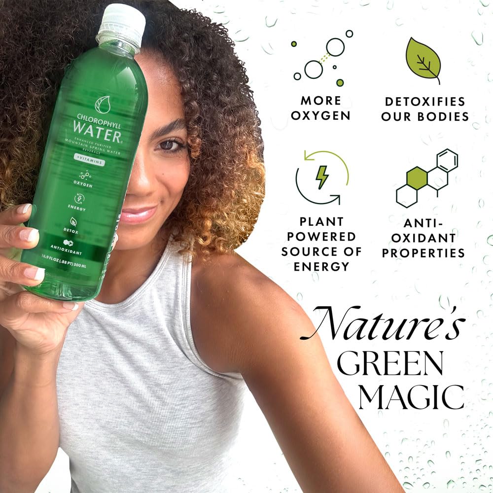 Liquid chlorophyll beverage bottles showing organic lemon and spearmint ingredients.