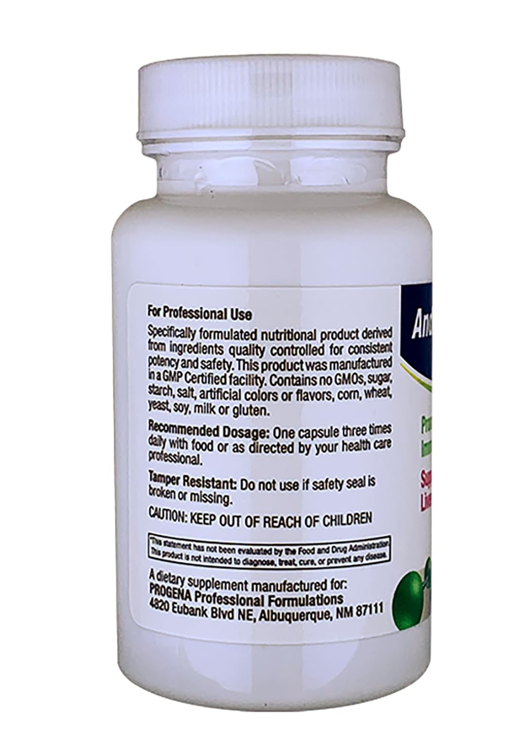 Progena Andrographis supplement bottle side panel showing dietary ingredients and standardized percentage values.