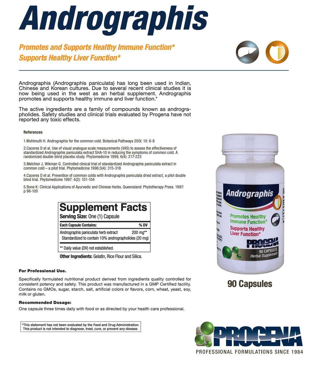 Progena Andrographis herbal capsules displayed next to the premium protective dietary supplement bottle packaging.
