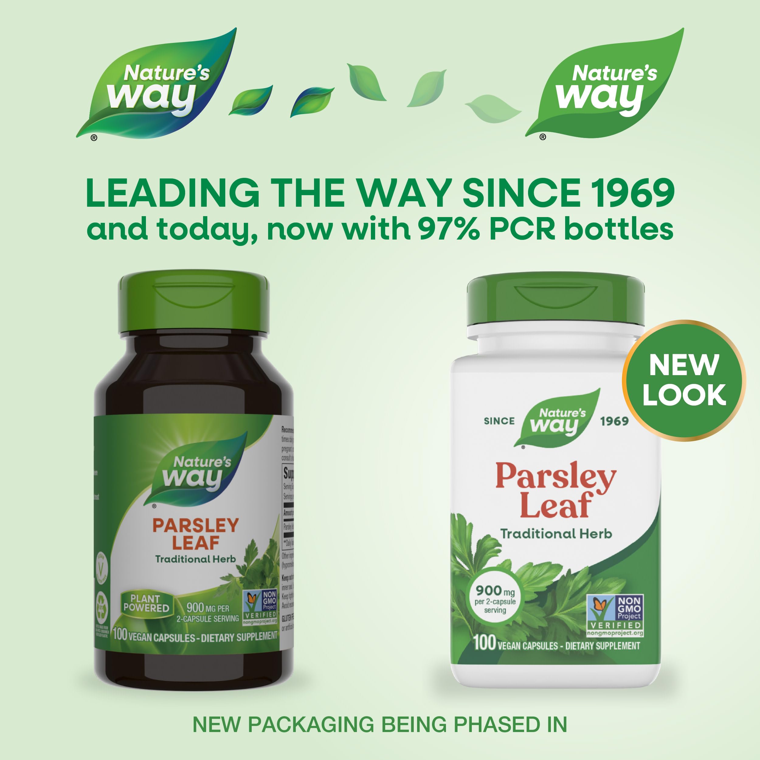 Nature's Way Premium Herbal Parsley Leaf supplement label with 900 milligram serving details