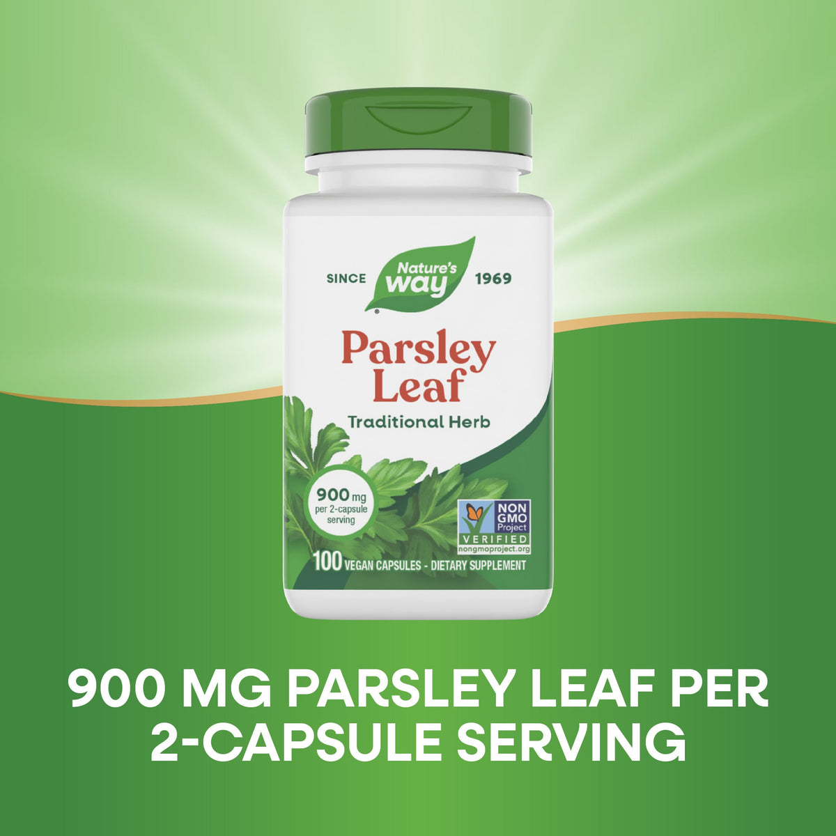 Authentic imported USA formulation bottle of Nature's Way green parsley leaf dietary supplement