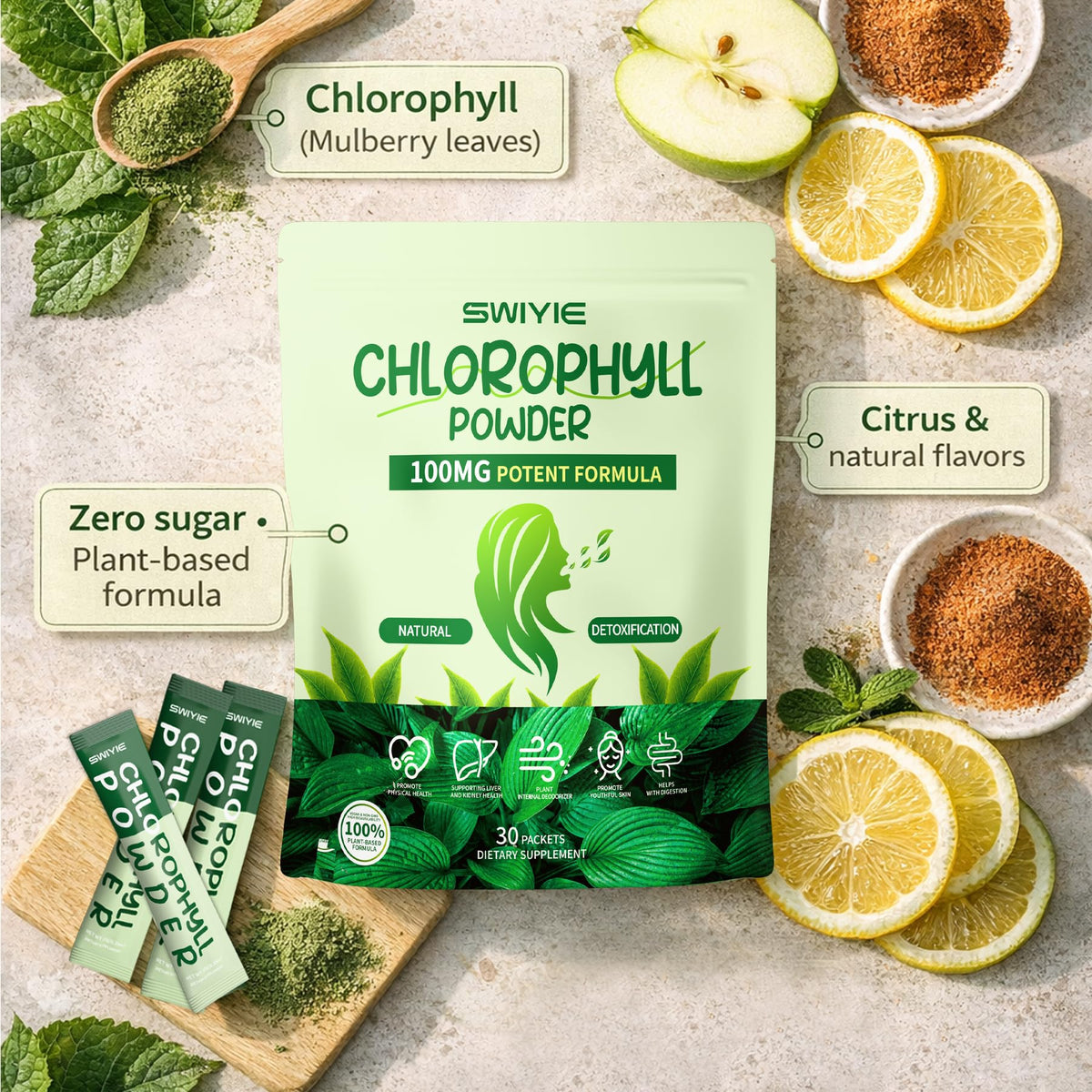 Swiyie premium sodium copper chlorophyllin green superfood supplement single serve packaging