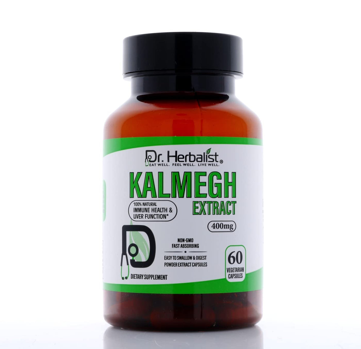 Dr. Herbalist Kalmegh Extract sixty vegetarian capsules packaging illustrating liver detox benefits.