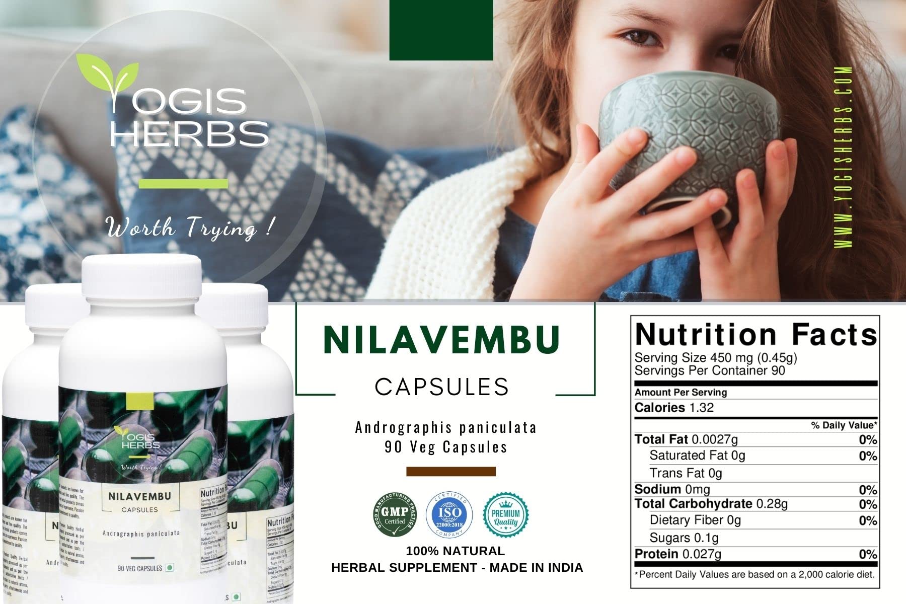 Supplement facts and organic herbal ingredient details on the label of Yogis Herbs Kalmegh dietary supplement.