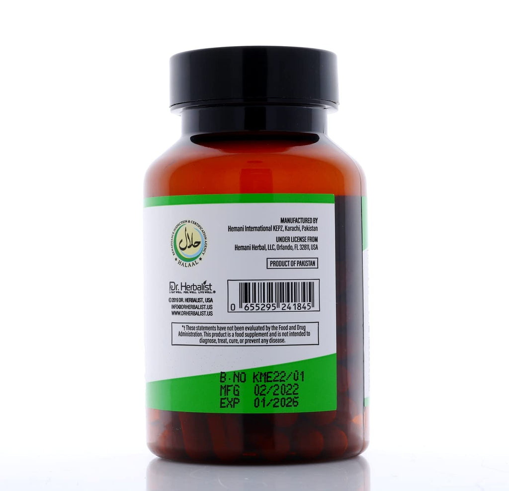 Close up of Dr. Herbalist clean formula capsules bottle highlighting zero artificial fillers.