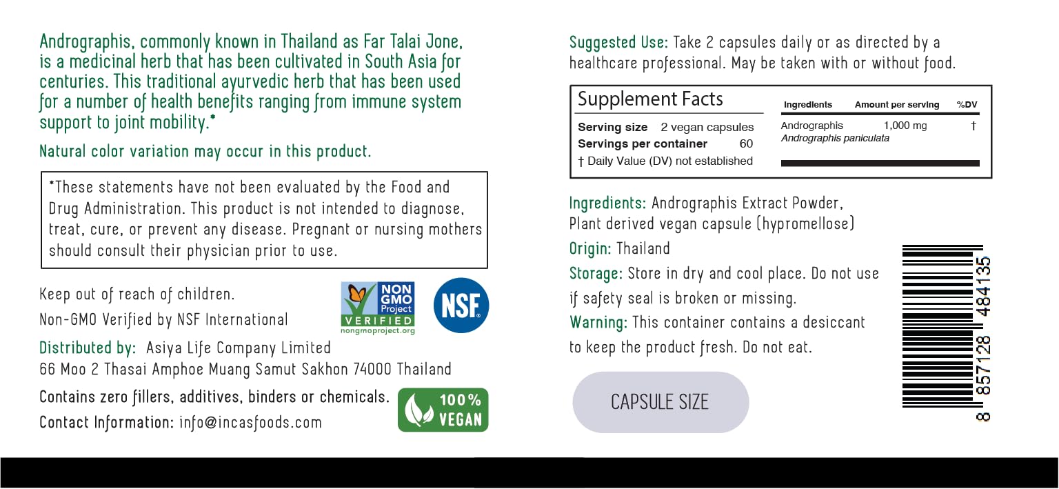Incas by Asiya Andrographis extract 1000mg supplement supplement facts panel detailing active ingredients