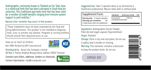 Incas by Asiya Andrographis extract 1000mg supplement supplement facts panel detailing active ingredients