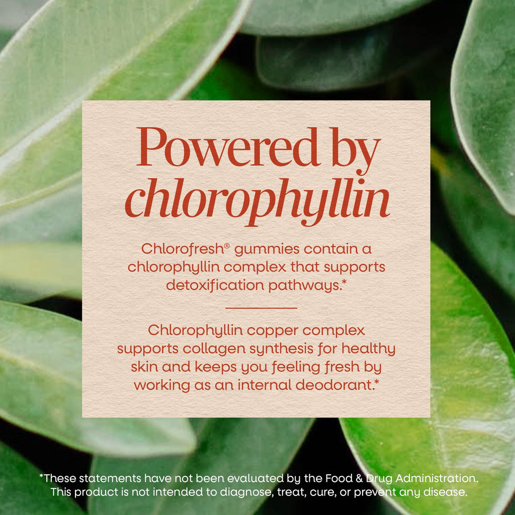 Vegetarian and gelatin free labels on Nature's Way Chlorofresh internal deodorant gummies