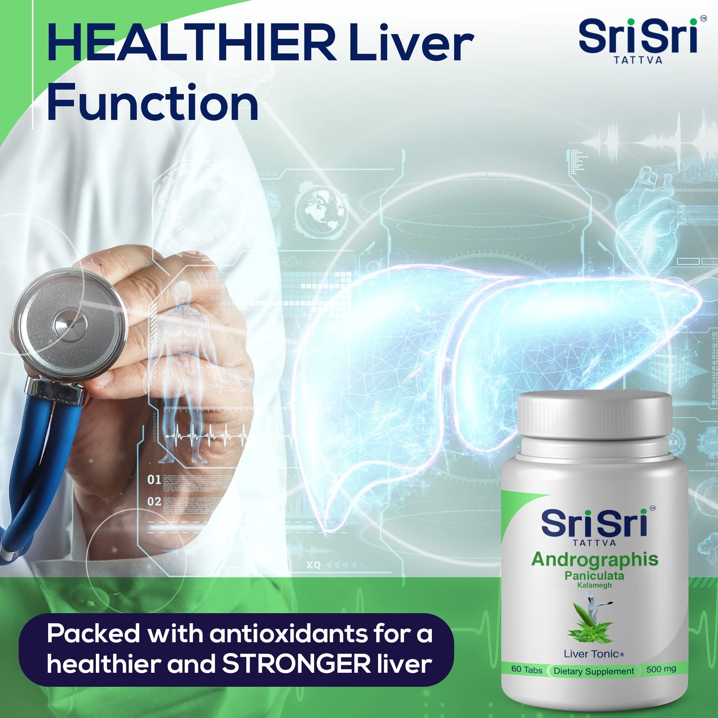 Sri Sri Tattva Kalamegh 500mg dietary supplement side label illustrating product details and serving size.
