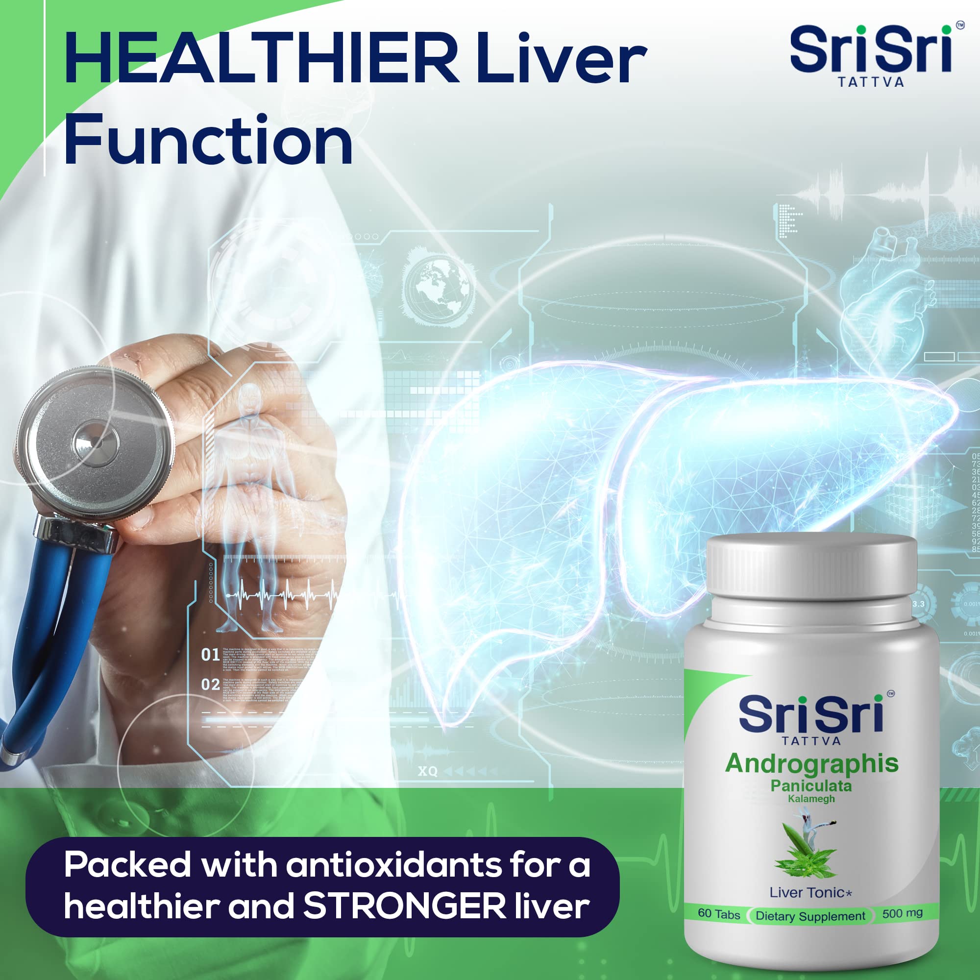 Sri Sri Tattva Kalamegh 500mg dietary supplement side label illustrating product details and serving size.
