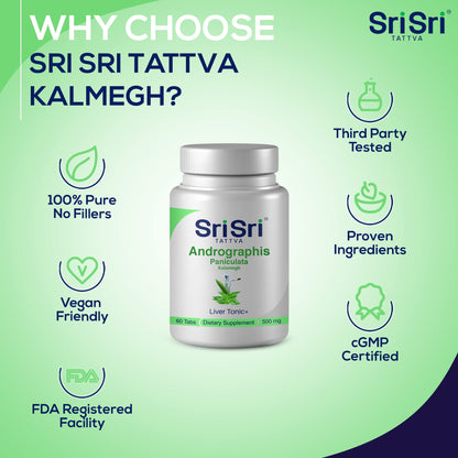 Sri Sri Tattva green chiretta tablets placed beside the packaging to demonstrate tablet size and texture.