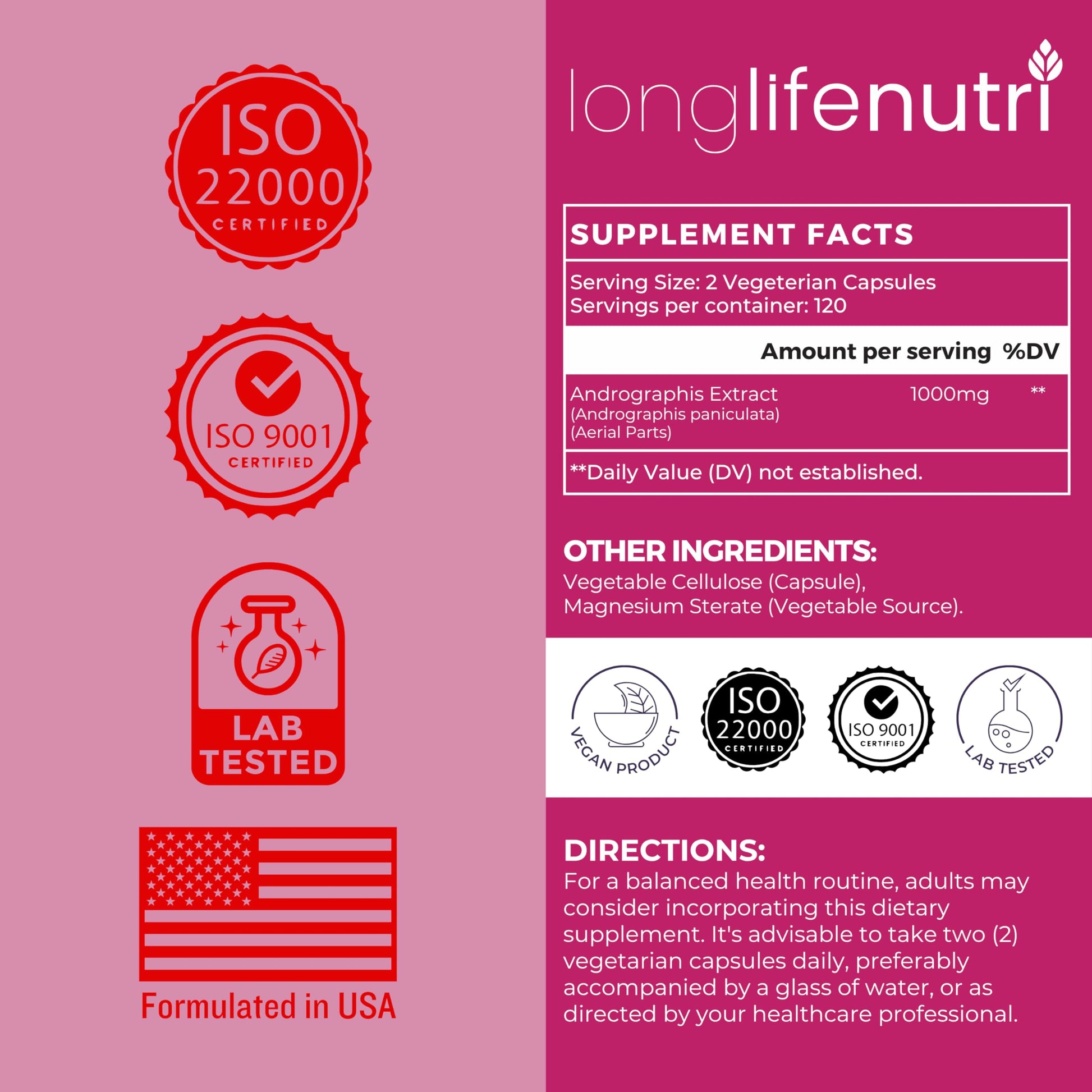 LongLifeNutri Andrographis paniculata advanced formula supplement facts and serving size label.