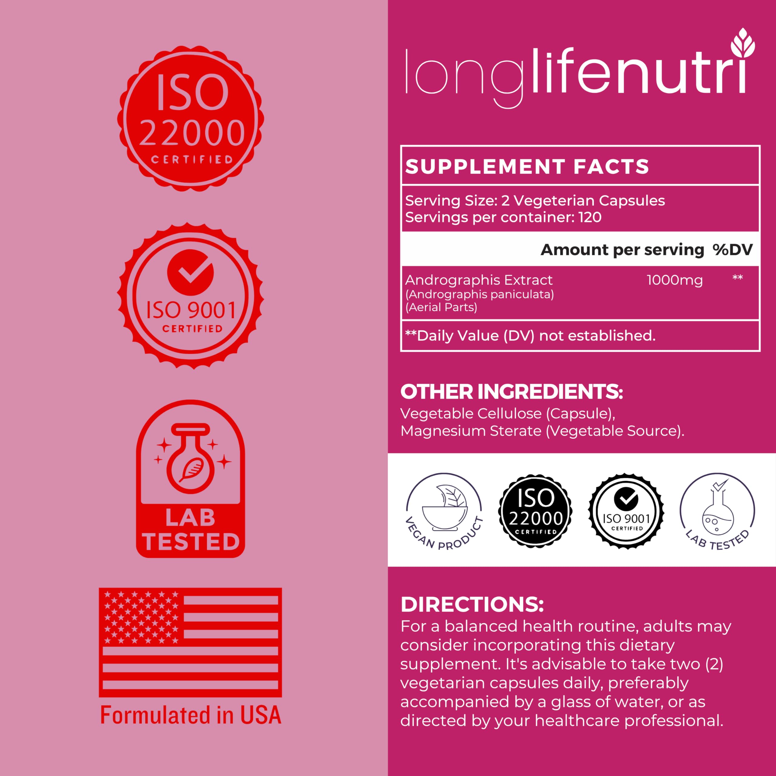 LongLifeNutri Andrographis paniculata advanced formula supplement facts and serving size label.
